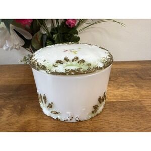 Victorian Milk‎ Glass Hand Painted Covered Jar – Floral Motif with Gold Accents